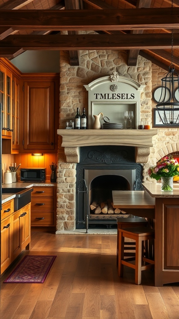 A cozy kitchen featuring warm wood cabinetry and rustic stone elements.