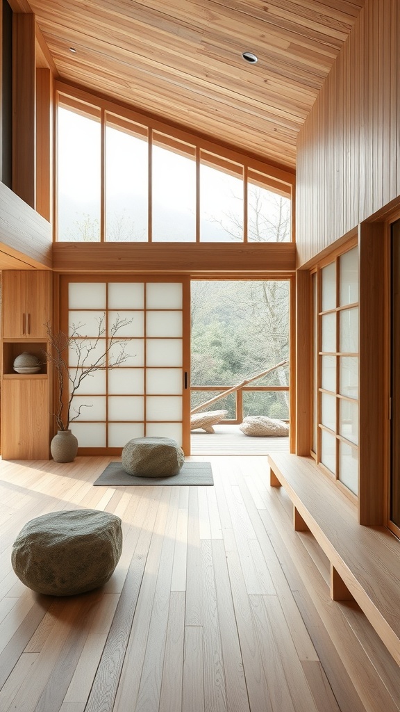 Interior space showcasing natural wood and stone materials with large windows and minimalistic design.