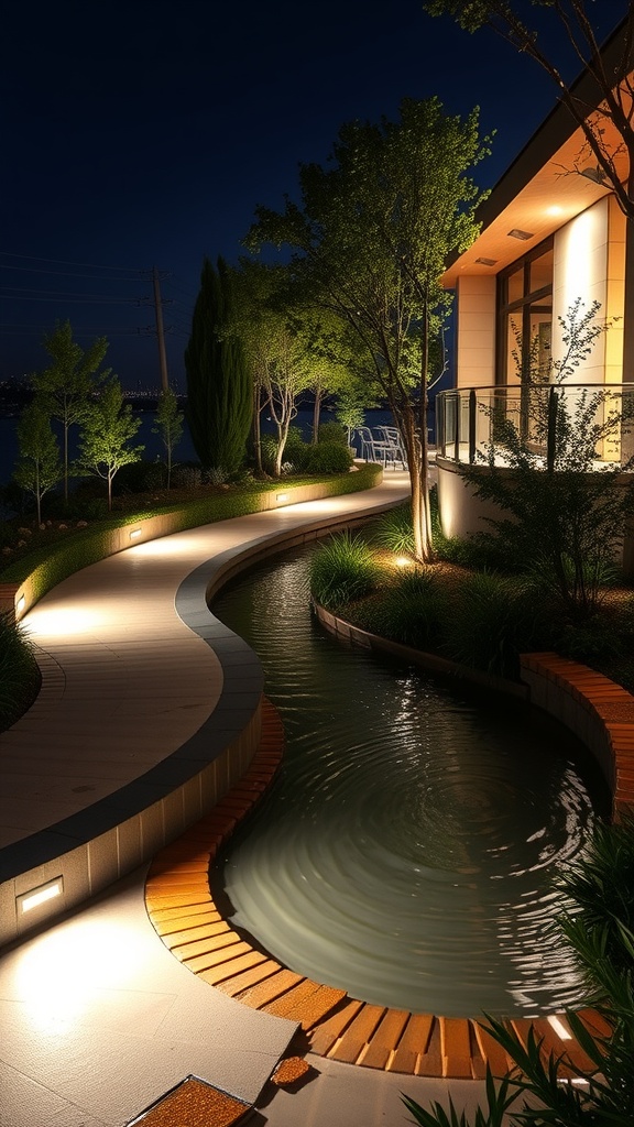 A beautifully lit water-flowing walkway surrounded by greenery.