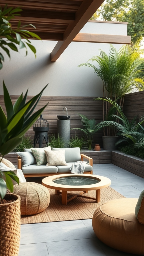 Cozy outdoor lounge with a water feature and plants