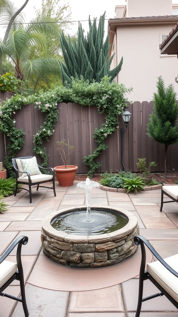 Cozy seating backyard patio with a water feature surrounded by greenery.