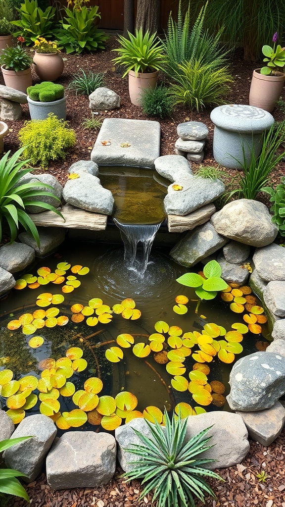 A serene pond with lily pads and a small waterfall, surrounded by various plants and stones.