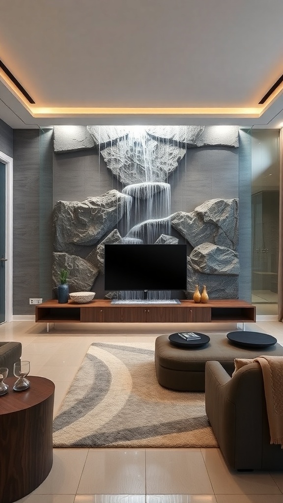 A modern entertainment room featuring a waterfall backdrop with a TV and stylish furniture.