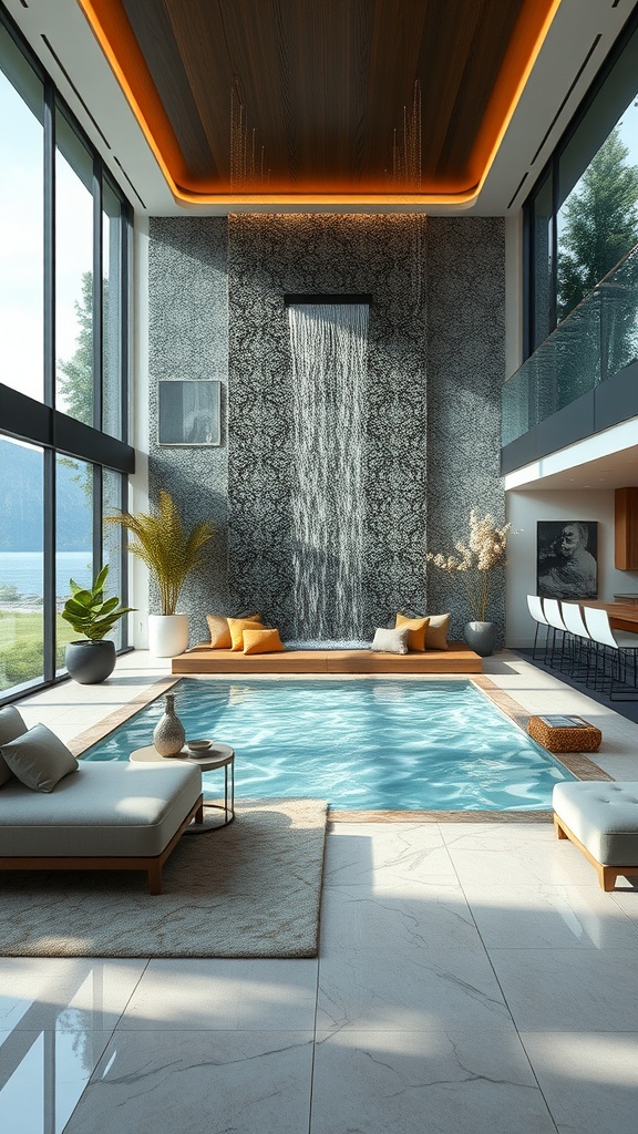 A modern living space featuring a waterfall integrated into the design, with a pool and large windows overlooking nature.
