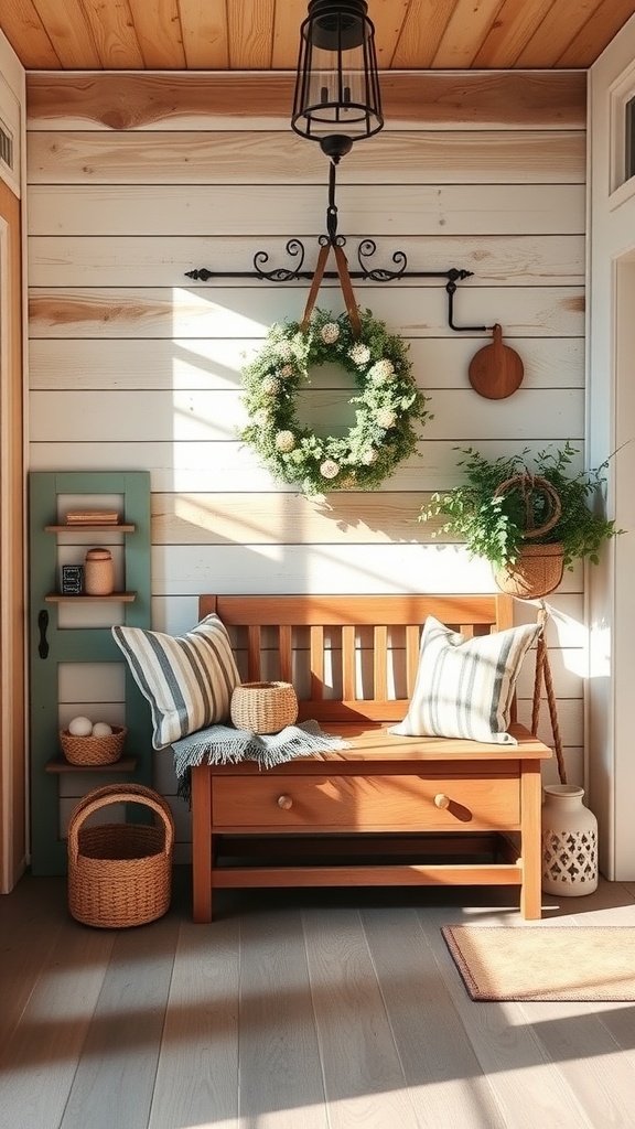 A cozy farmhouse entryway featuring a wooden bench with pillows, a wreath, and potted plants.