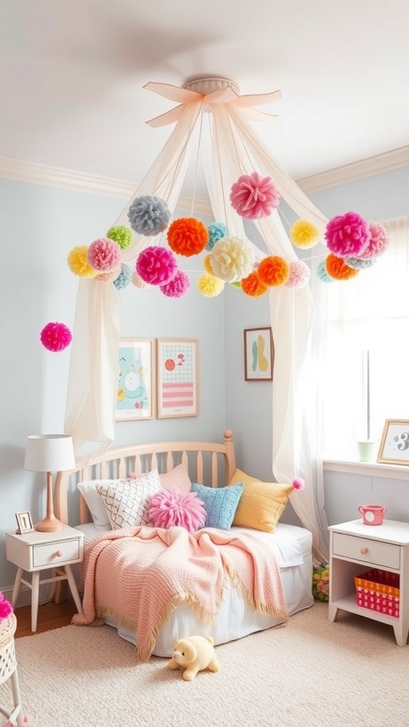 A cozy bedroom with a whimsical canopy adorned with colorful pom poms, featuring a soft bed and playful decor.