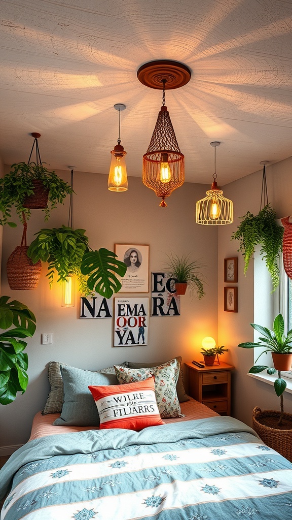 A cozy bedroom with whimsical ceiling decor featuring hanging lights and plants.