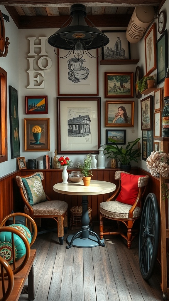 A cozy coffee nook with art on the walls, featuring two chairs and a small table.