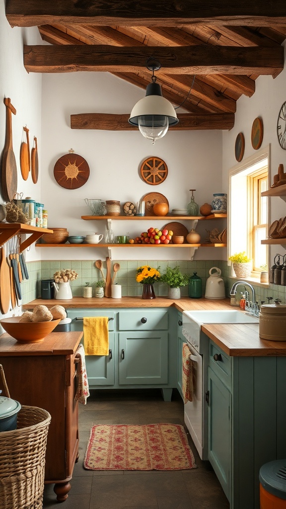 A cozy and colorful cottage kitchen with wooden cabinets, open shelves, and playful decor.