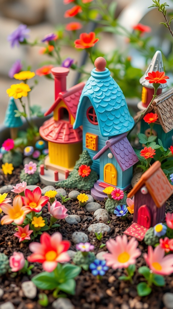 A colorful fairy garden with tiny houses and vibrant flowers.