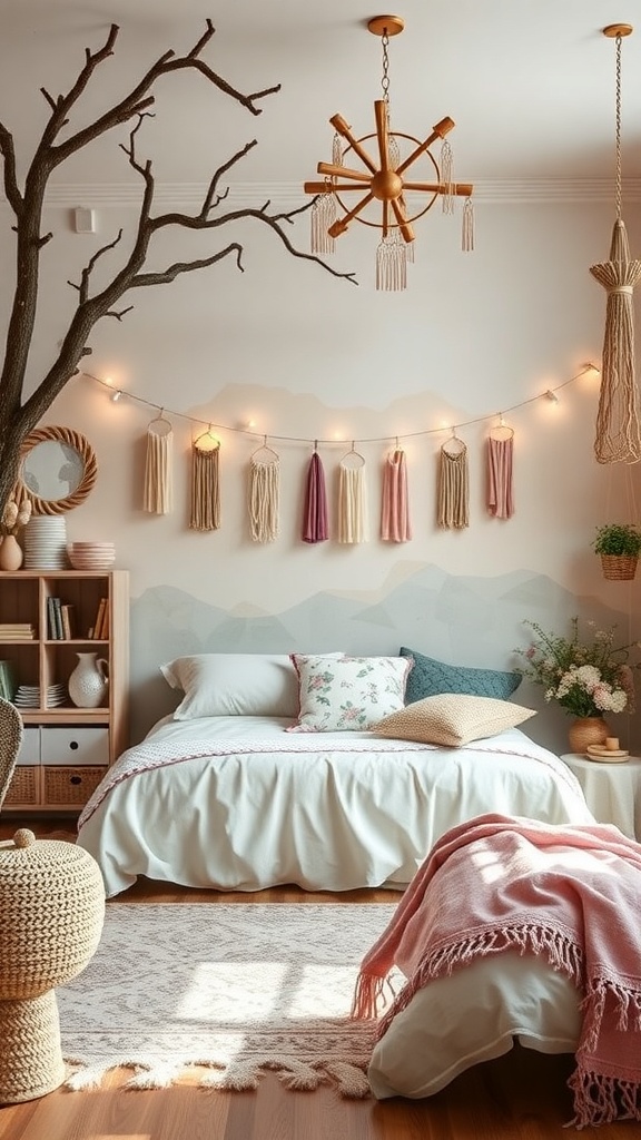 A whimsical bedroom featuring a tree branch decor, soft bedding, and warm lighting.