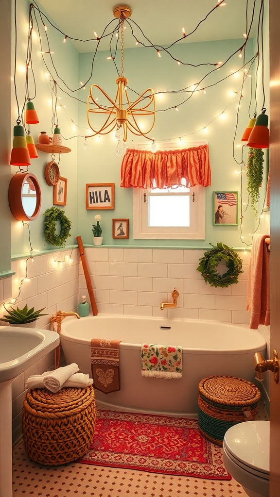 A whimsical bathroom decorated with string lights, colorful accents, and playful decor.