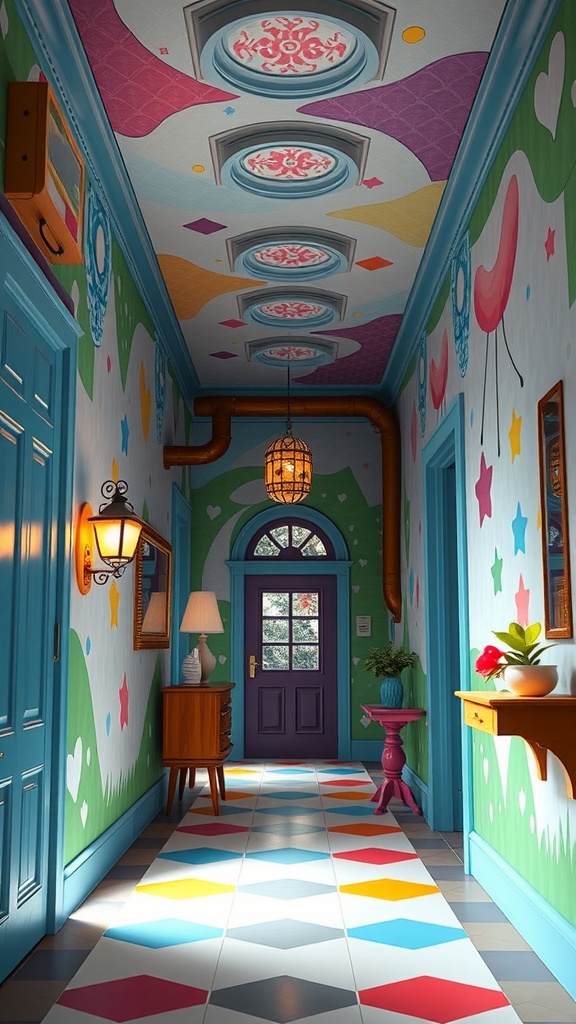 A colorful hallway with playful designs on the walls and ceiling, featuring bright tiles and charming decor.