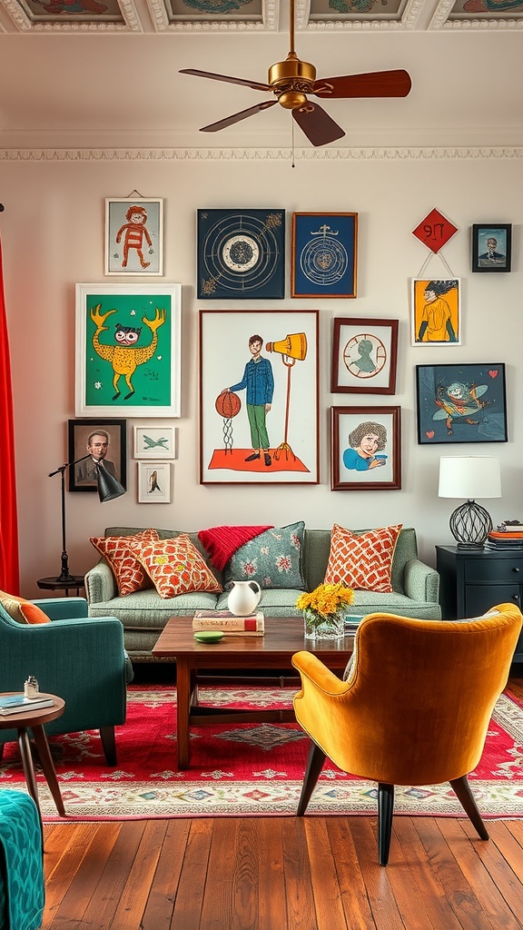 A whimsical living room featuring colorful furniture and eclectic artwork.
