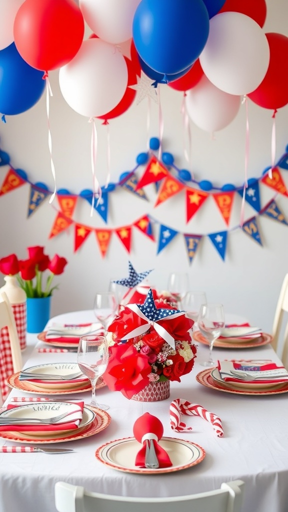 A festive Fourth of July tablescape with red, white, and blue balloons, flowers, and decorations.