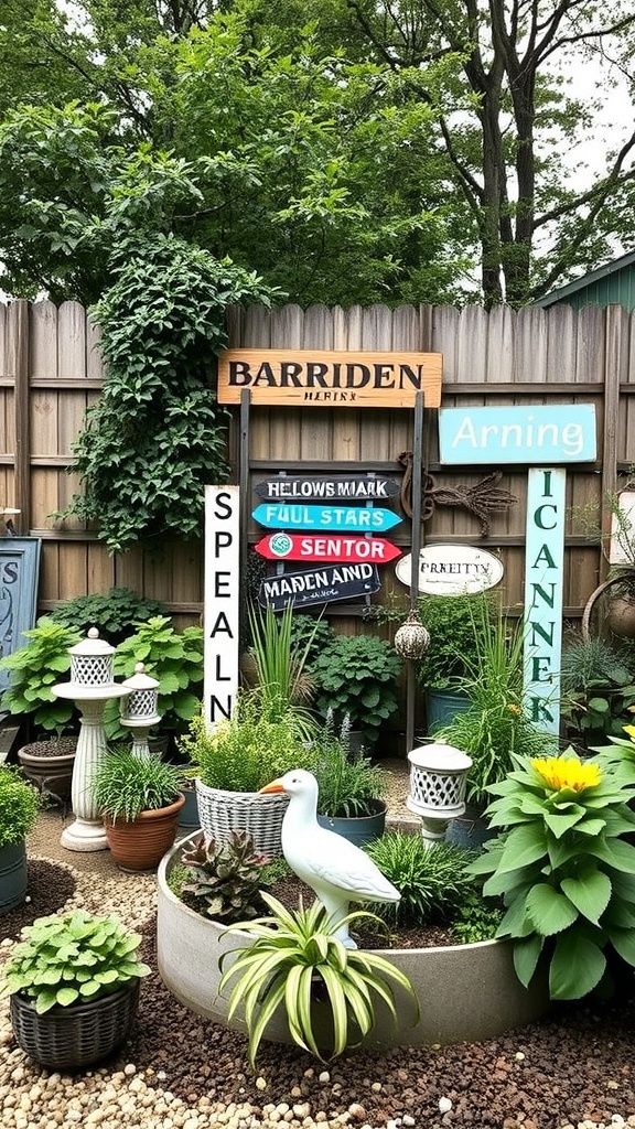 A charming garden with colorful signs and a decorative bird statue.