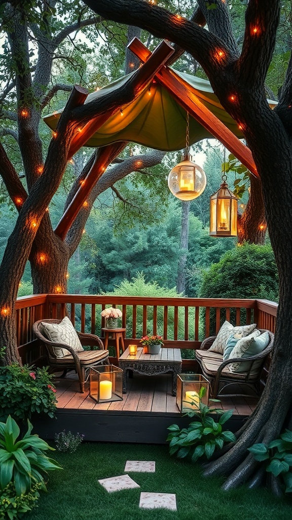 A cozy treehouse seating area with lanterns and greenery.