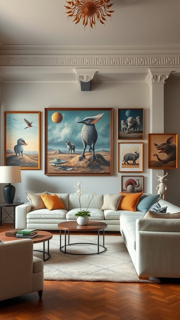 A modern living room featuring whimsical wall art with animal portraits and surreal landscapes.