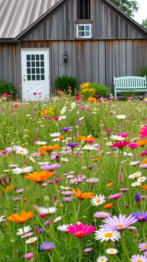 A colorful wildflower meadow in front of a farmhouse with a wooden bench.