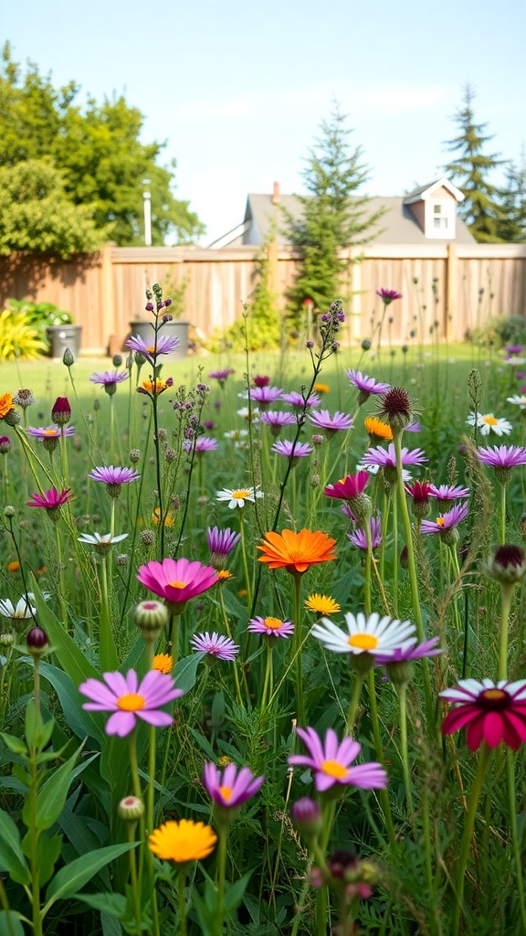 A colorful wildflower meadow with various flowers in a backyard setting.