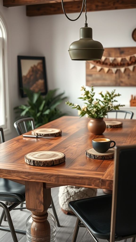 A wooden table with wood slice coasters and a coffee cup, showcasing a cozy dining setup.