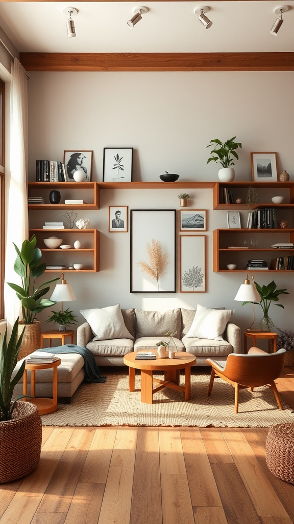 A cozy living room featuring wooden shelves, a wooden coffee table, and various plants.