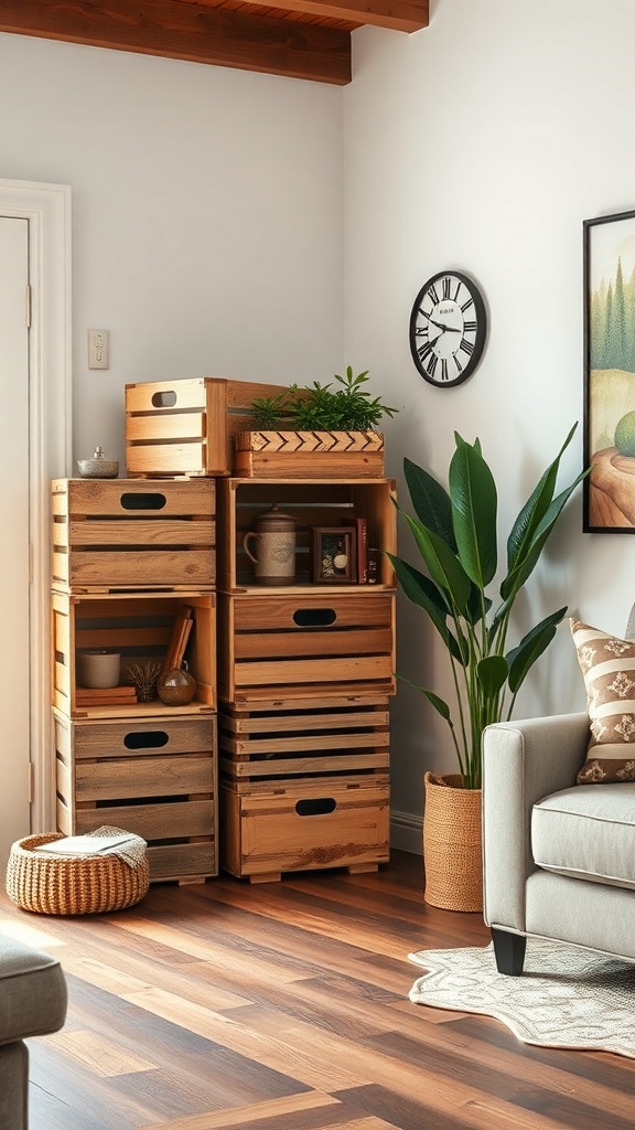 A cozy living room featuring stacked wooden crates used for storage.