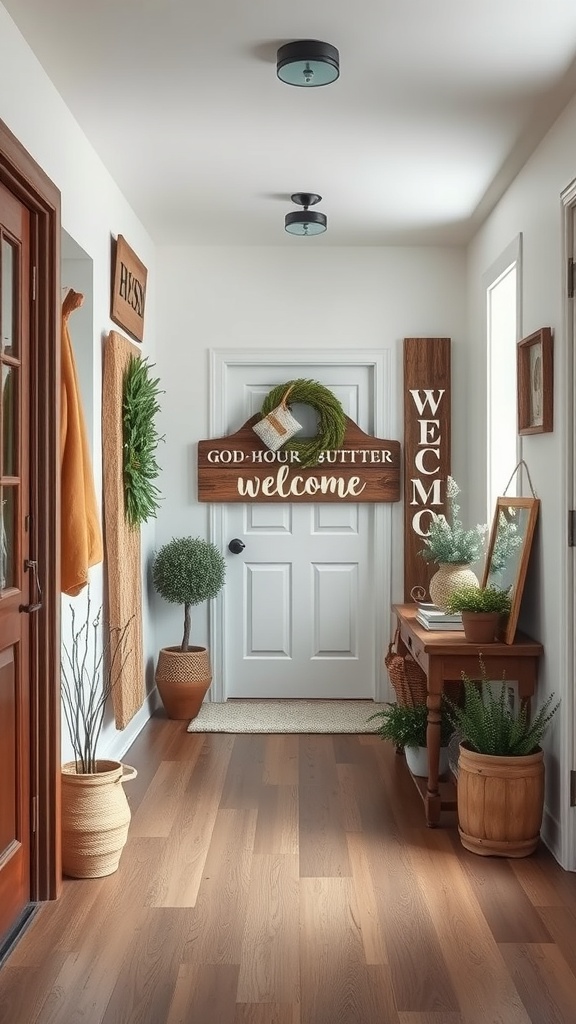 A hallway with wooden signage and plants, showcasing a rustic home decor style.