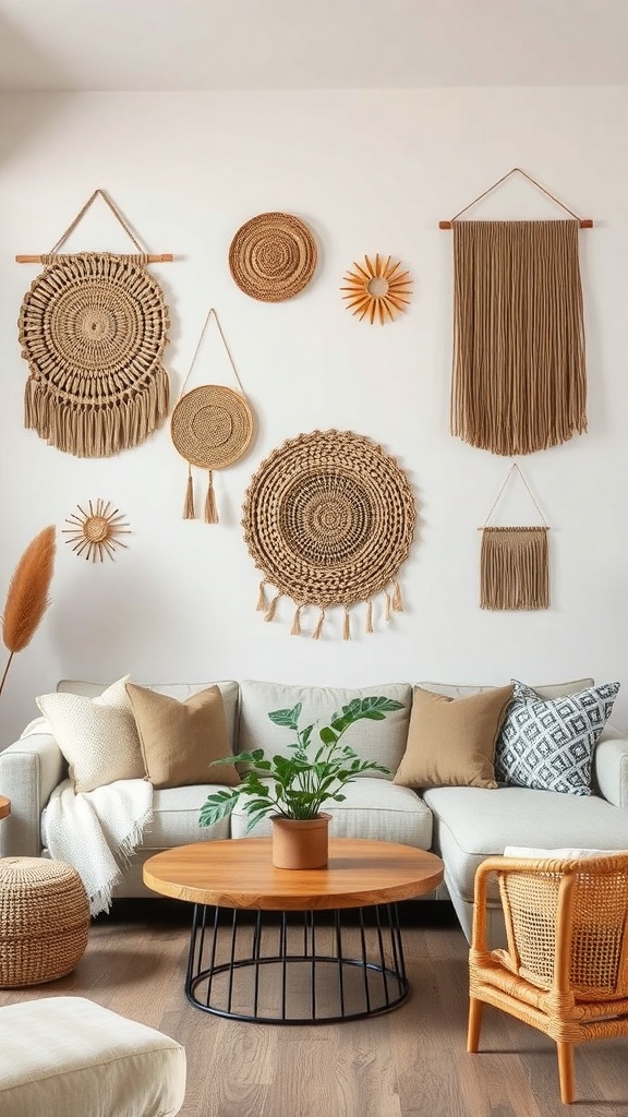 A cozy living room featuring woven wall hangings in various shapes and textures on a white wall.