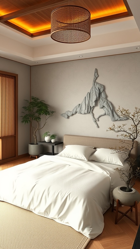 A serene bedroom with a minimalist design, featuring a white bed, wooden accents, and plants.