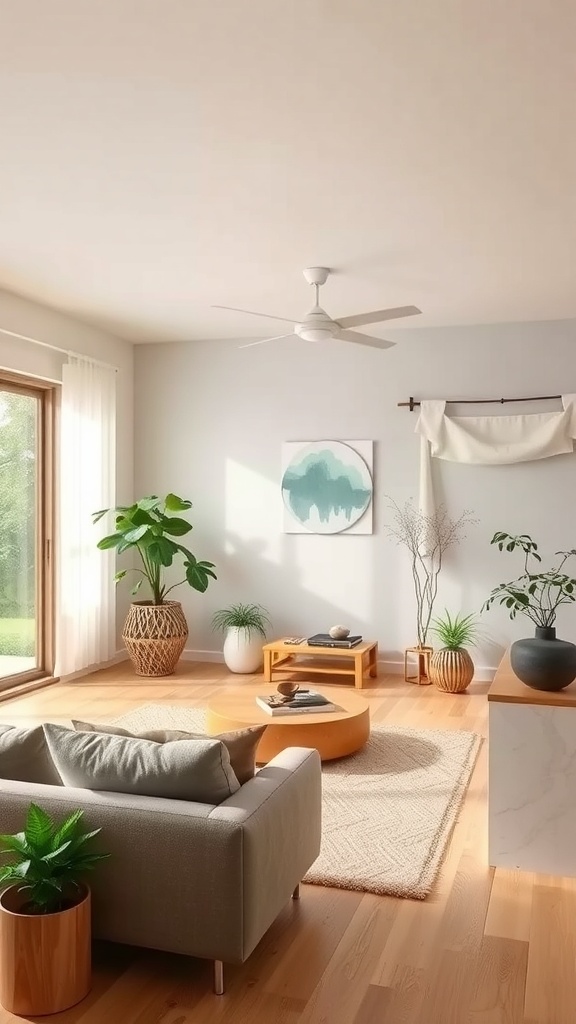 A serene living room with plants, a fireplace, and natural light.