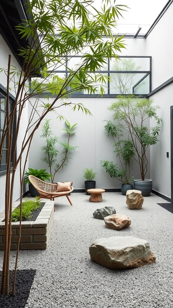 A tranquil Zen garden with bamboo, rocks, and a cozy chair.