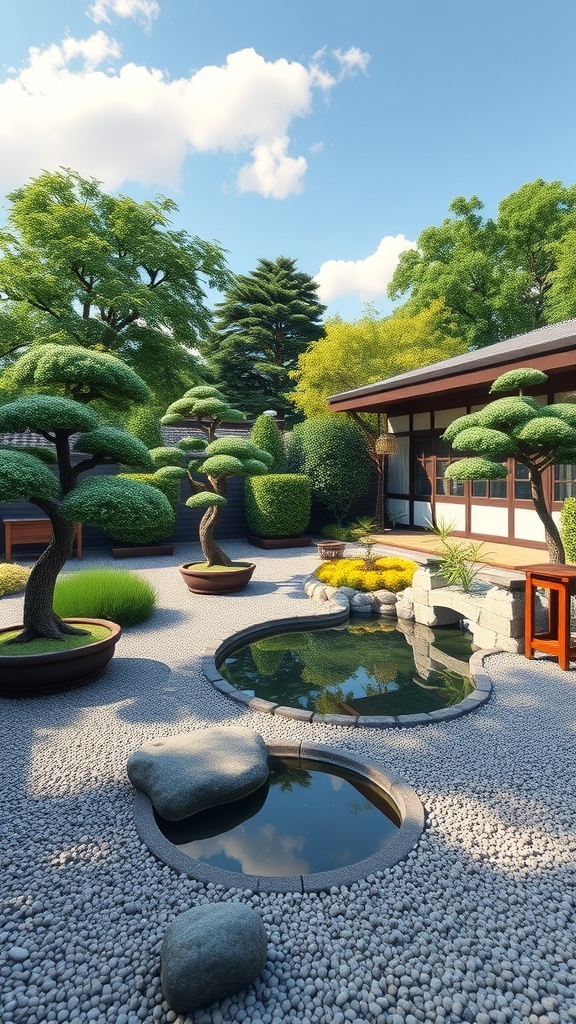 A serene Zen Japanese garden featuring rocks, water features, and lush greenery.