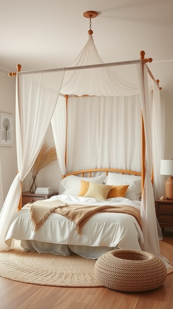 A serene canopy bed with soft fabrics and warm tones, creating a cozy bedroom atmosphere.
