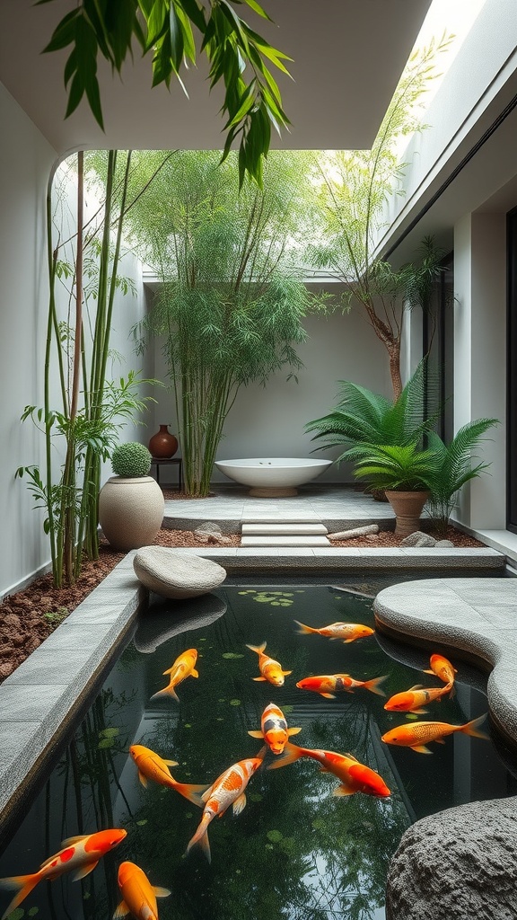 A serene indoor water garden with koi fish, bamboo, and smooth stones.