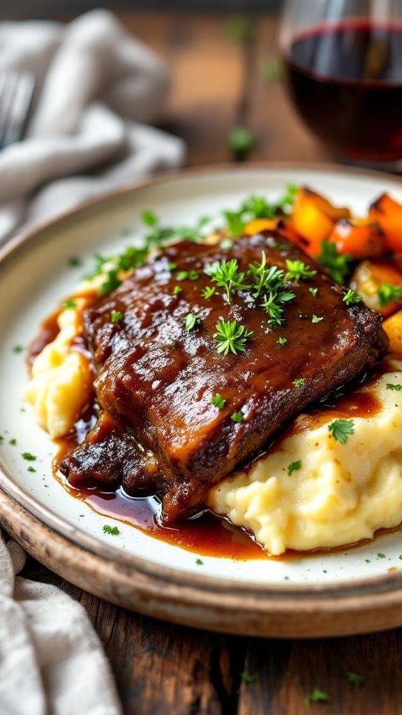Tender braised short ribs on mashed potatoes with rich sauce and herbs, served on a rustic table.