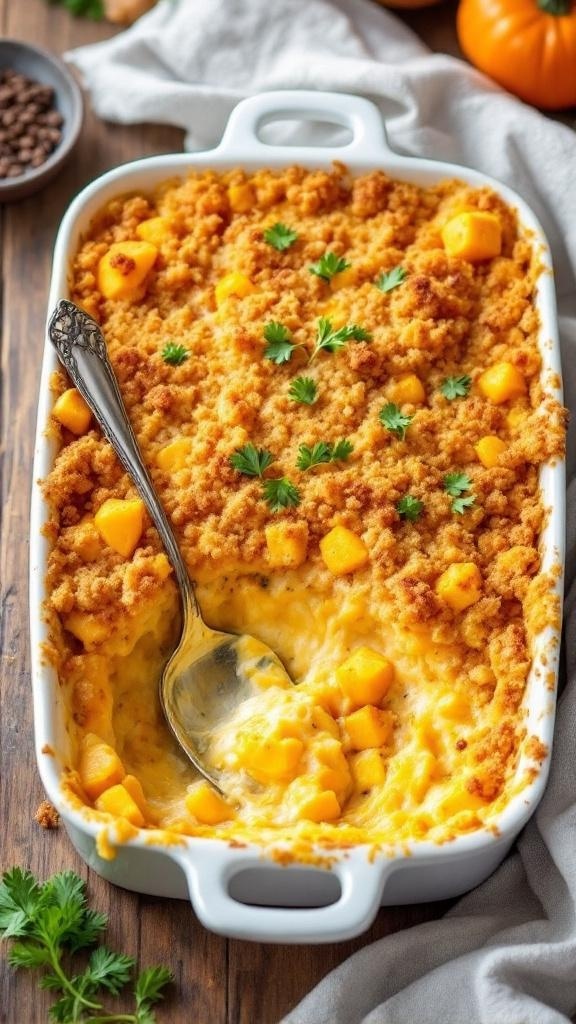 Cheesy Butternut Squash Casserole Recipe Cheesy butternut squash casserole with breadcrumb topping, garnished with parsley, on a rustic table.