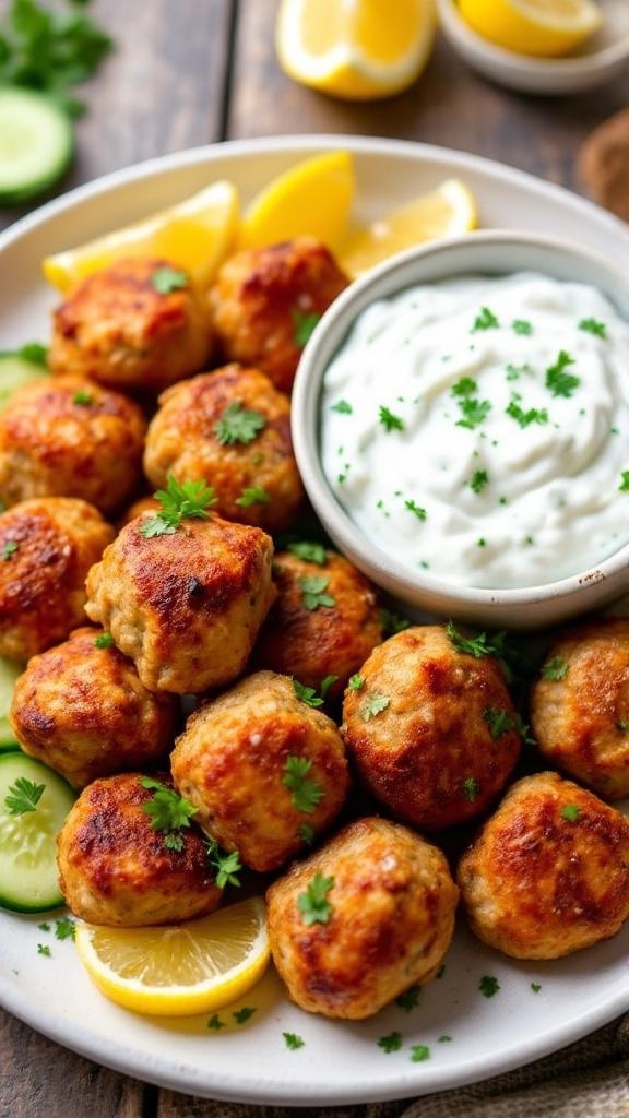 Greek turkey meatballs with tzatziki sauce, garnished with parsley and cucumber slices on a rustic table.