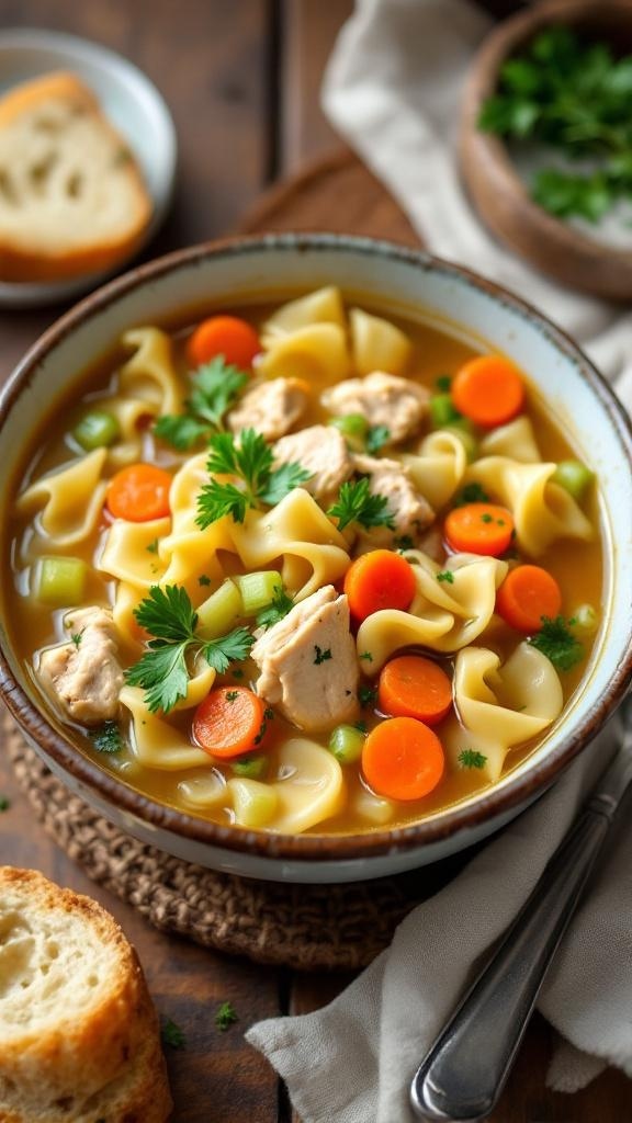 A bowl of chicken noodle soup with chicken, carrots, celery, and egg noodles, garnished with parsley, on a wooden table with bread.