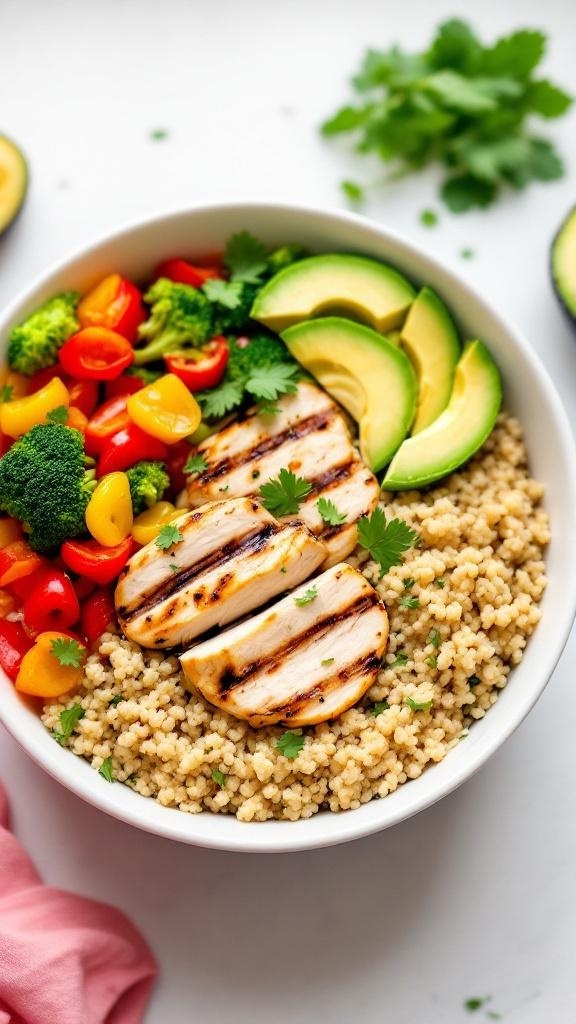 Meal prep bowl with grilled chicken, quinoa, broccoli, bell peppers, and avocado on a kitchen countertop.