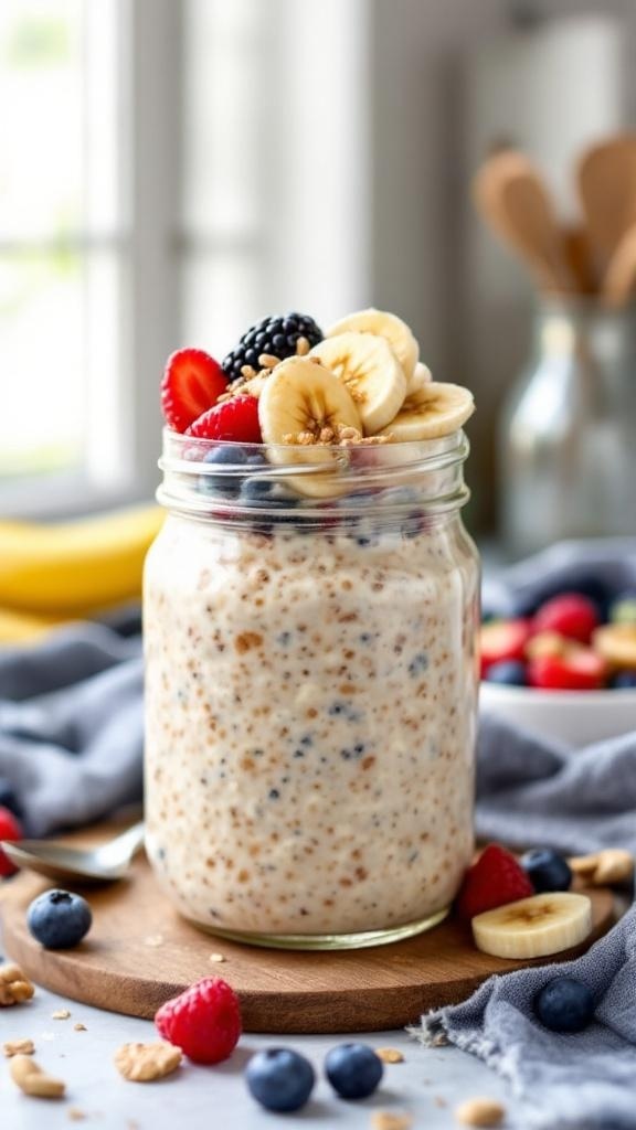 A jar of cinnamon overnight oats topped with berries and nuts on a kitchen counter.