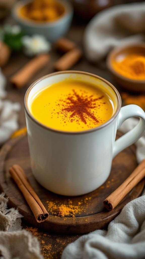 A cozy cup of golden milk with turmeric and cinnamon, garnished with a sprinkle of cinnamon, on a wooden table.