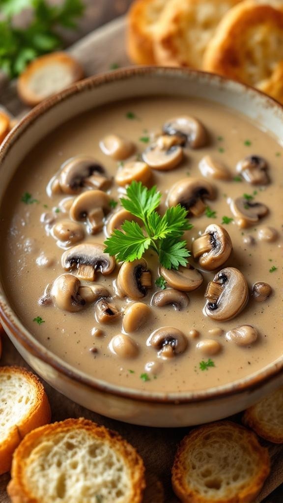 A bowl of creamy mushroom soup with parsley garnish and crusty bread on a rustic table.