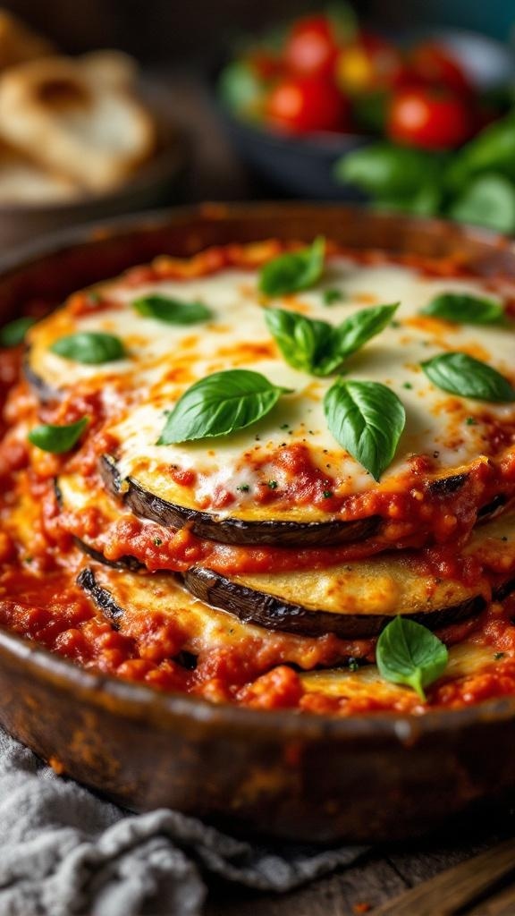 Layered eggplant parmesan with breaded eggplant, marinara sauce, and melted cheese, garnished with basil.
