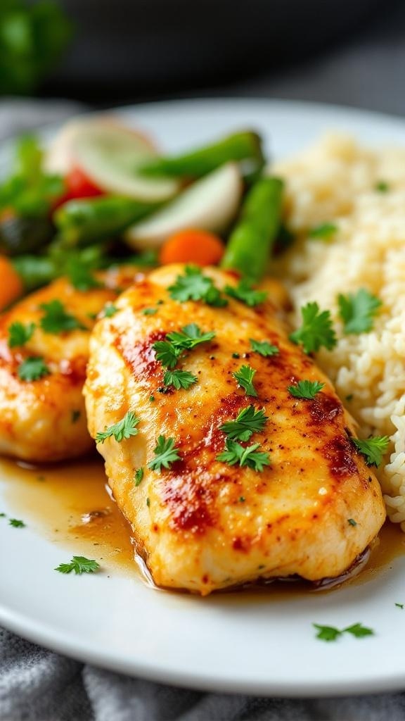 Garlic butter chicken tenderloins on a plate, garnished with parsley, served with vegetables and rice.