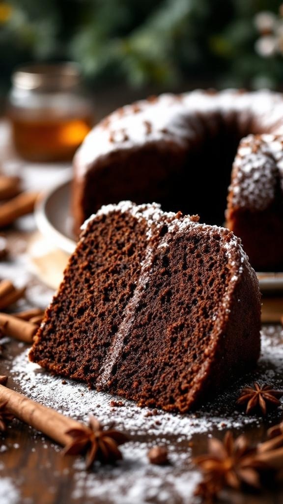 A slice of moist gingerbread cake dusted with powdered sugar, garnished with cinnamon sticks and star anise.