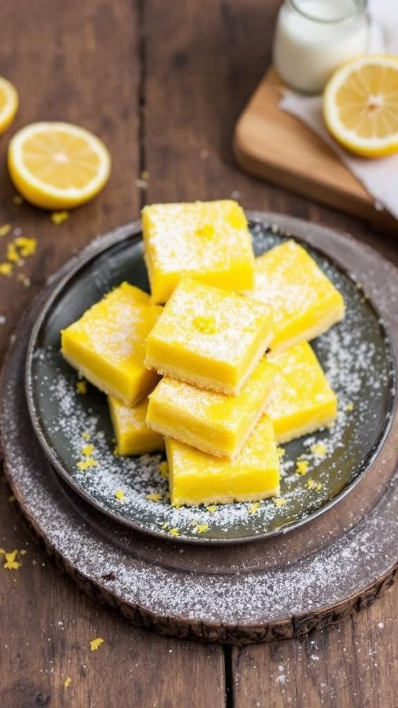 Gluten-free lemon bars dusted with powdered sugar, garnished with lemon slices on a rustic wooden table.