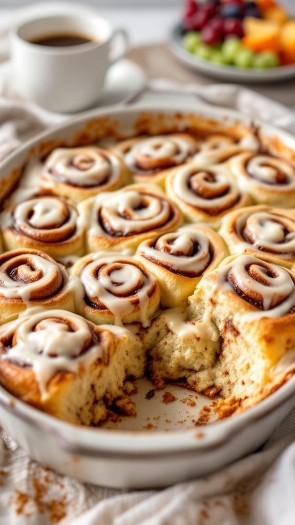 A delicious cinnamon roll breakfast bake with cream cheese glaze, served in a rustic dish with coffee and fruit.