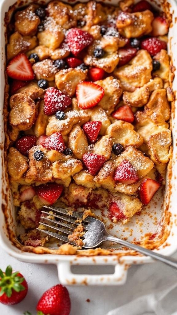 Healthy Strawberry French Toast Casserole with fresh strawberries and powdered sugar, served in a rustic dish.