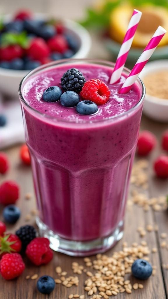 A berry flaxseed smoothie in a glass, garnished with berries, on a wooden table.